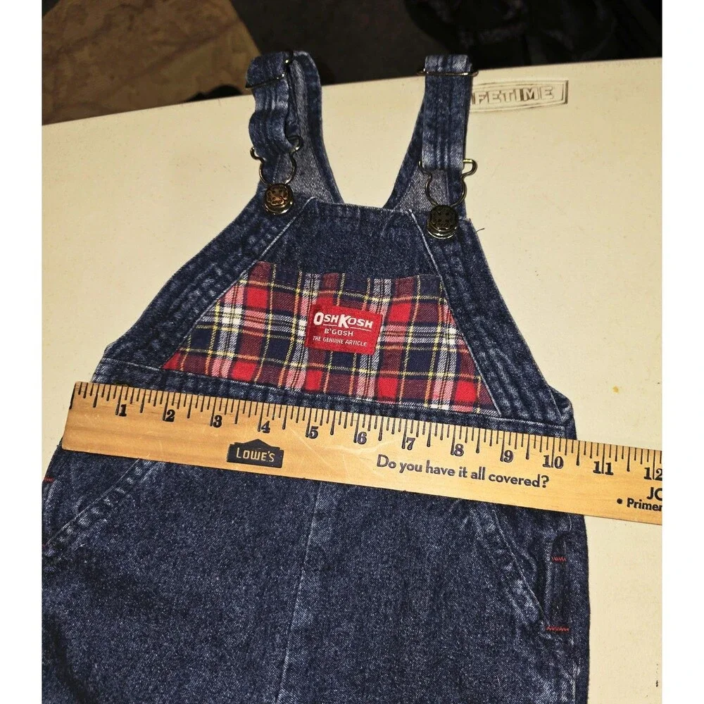 OSHKOSH B’GOSH Sz 18m USA Vintage 2015 Logo Denim Overalls & Red Flannel Shirt